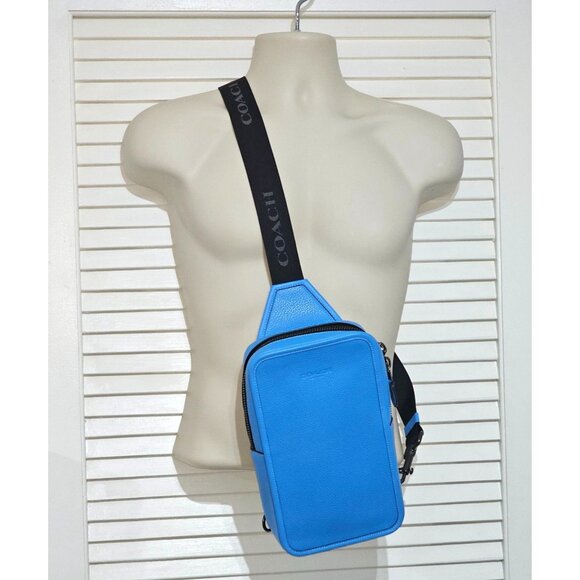 NWOT Coach Sullivan Pack Men's Pebble Electric Blue Leather Crossbody Bag 303 - Picture 1 of 14